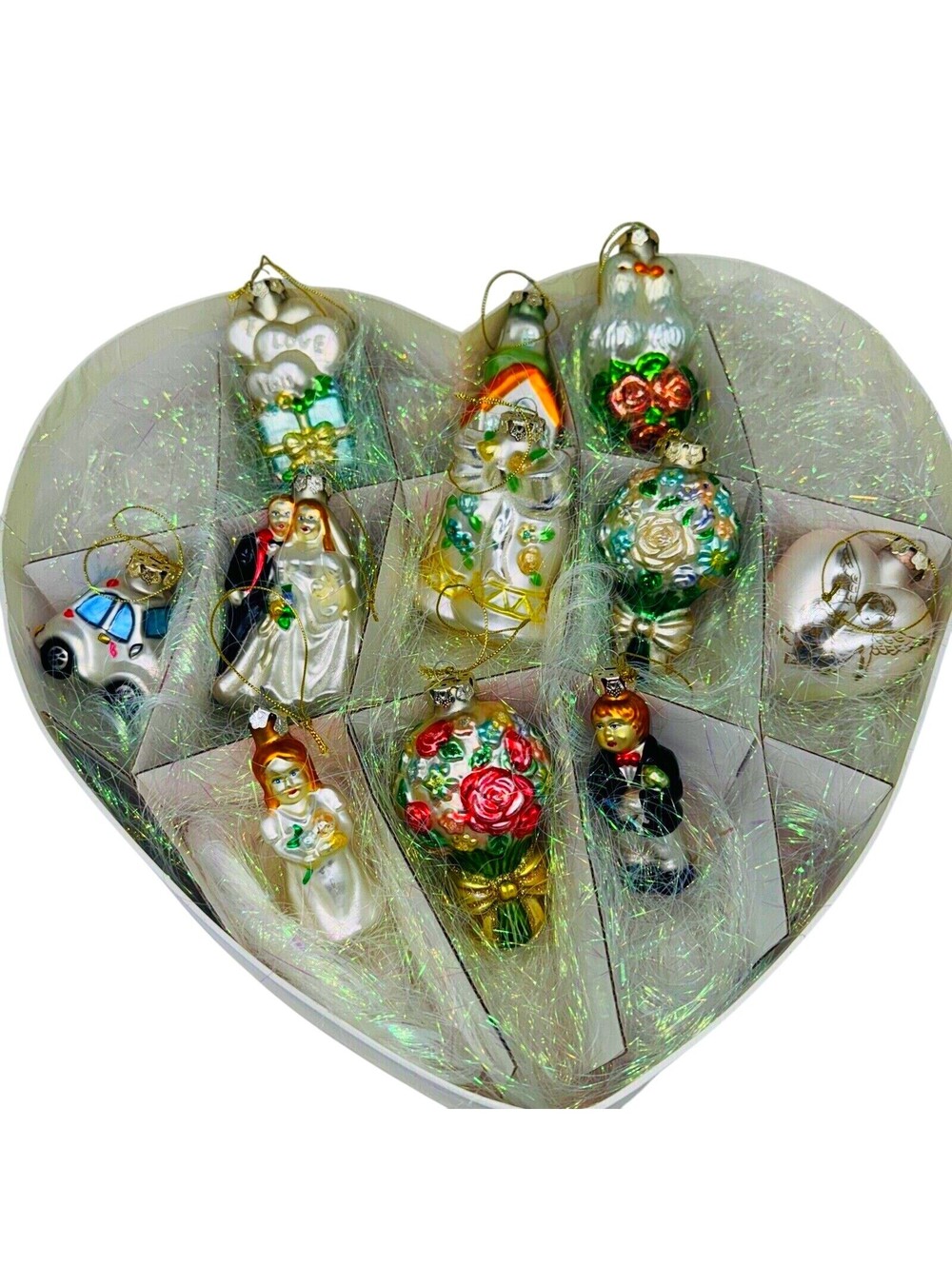 Wedding GLASS 11 Ornaments Vintage Heart Boxed Set Bride Groom Doves Church Love